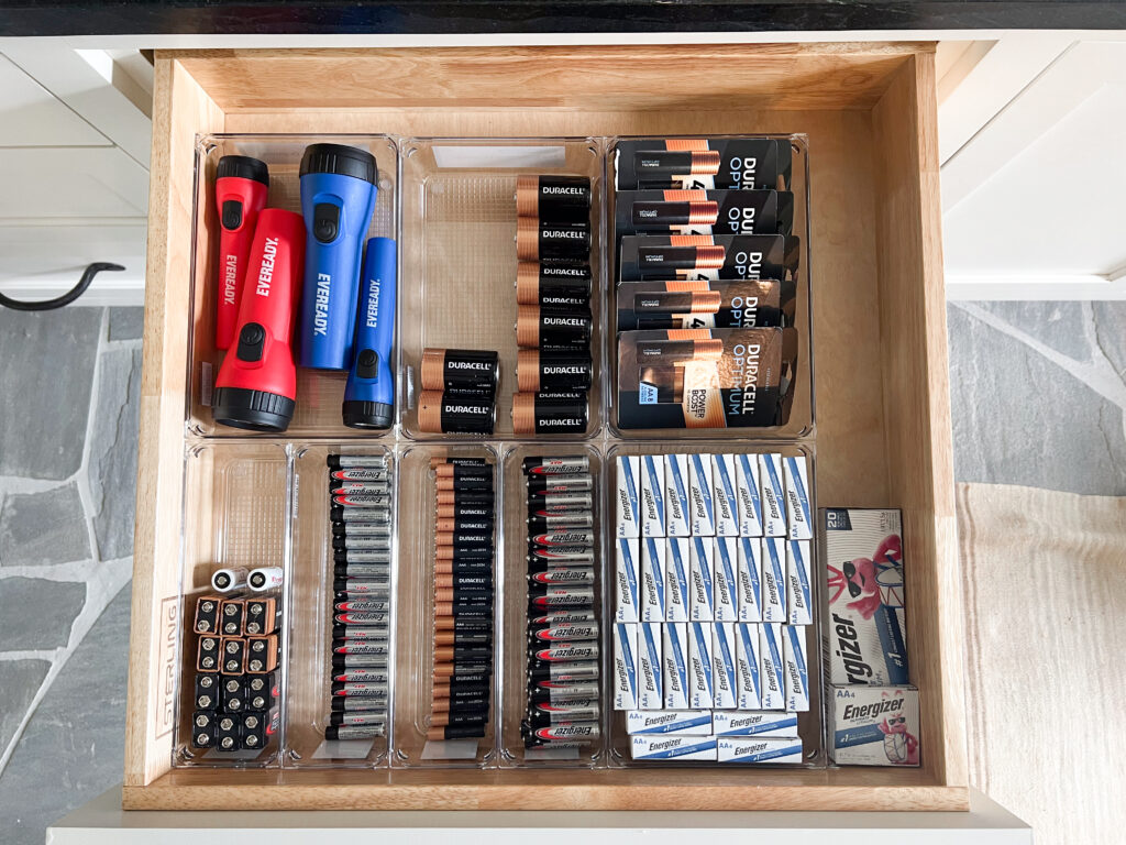 Battery and flashlight drawer organized by UpTown Concierge in Newnan, Georgia. 